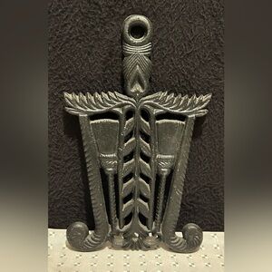 Vintage Cast Iron Trivet J. Z. H. Ornate Broom Heart Wheat Design
